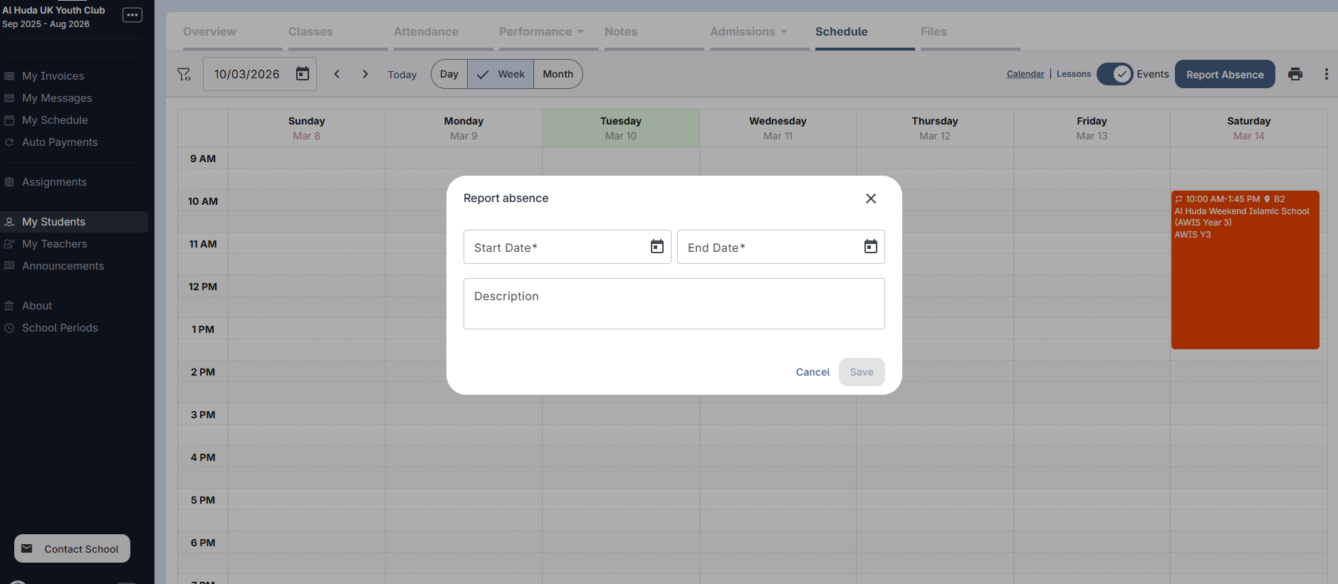 How to report an absence on the Al Huda Portal using a computer